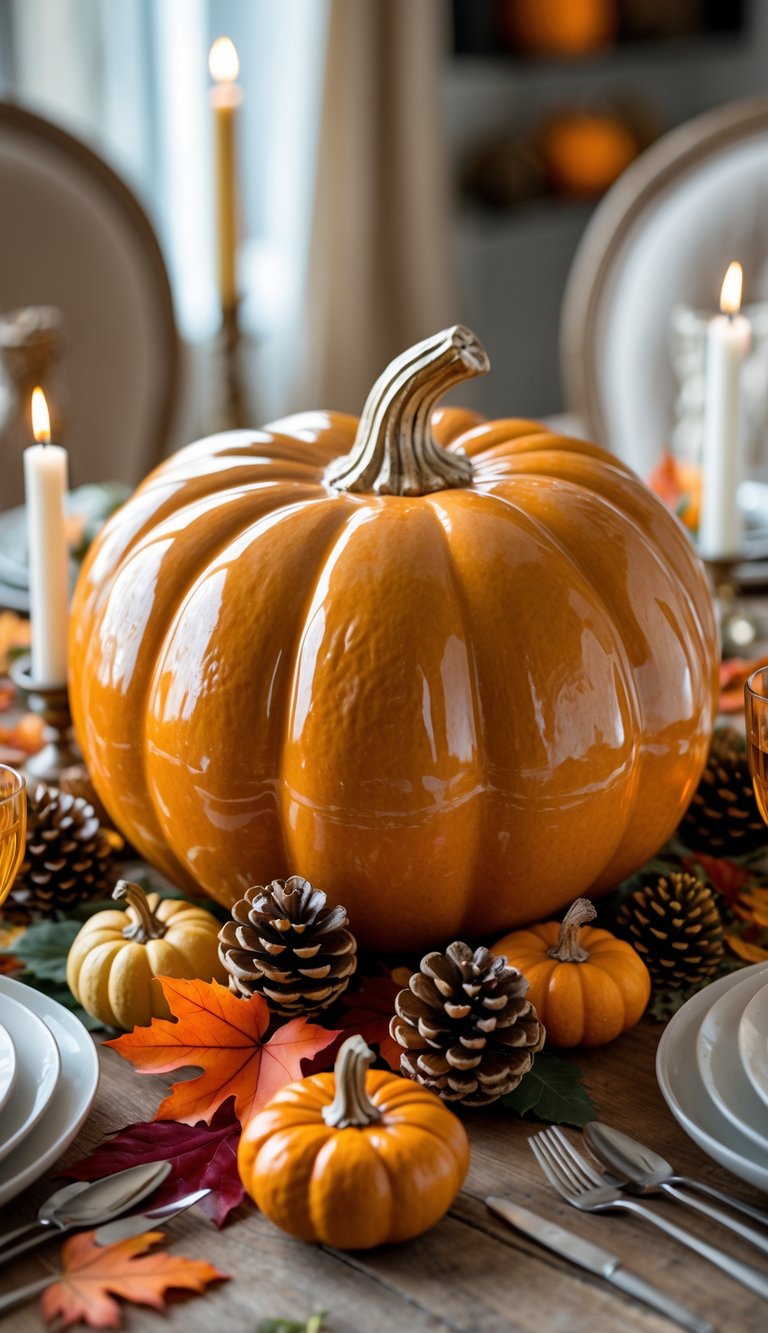 A large ceramic pumpkin centerpiece on a wooden dining table surrounded by autumn leaves, small gourds, pine cones, and candles.